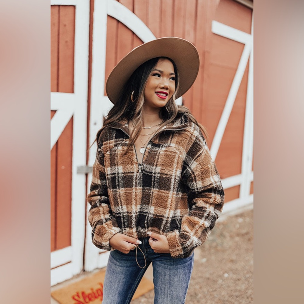 ROMWE 🤎 1/2 Zip Crop Plaid Teddy Jacket - Picture 6 of 14